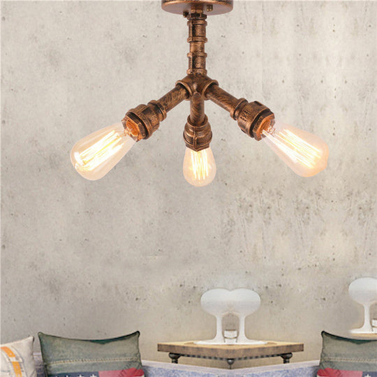 Steampunk 3-Light Semi Flush Ceiling Fixture with Metallic Pipe Shade in Aged Bronze for Living Room