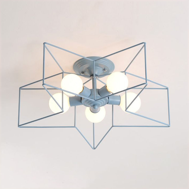 Stylish Grey/Pink Metallic Loft Indoor Semi-Flush Ceiling Light With Star Cage Shade - Set Of 5