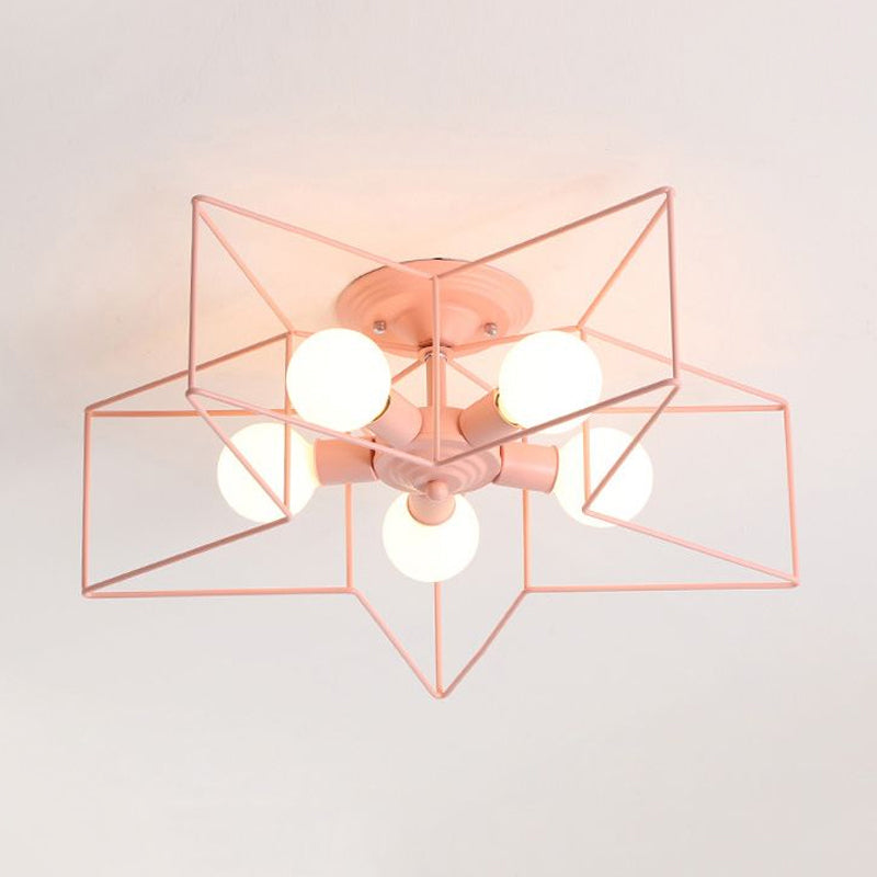 Stylish Grey/Pink Metallic Loft Indoor Semi-Flush Ceiling Light with Star Cage Shade - Set of 5 Bulbs