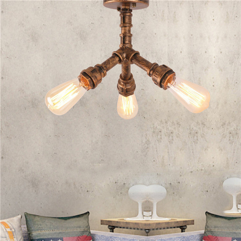 Steampunk 3-Light Semi Flush Ceiling Fixture With Metallic Pipe Shade In Aged Bronze For Living Room