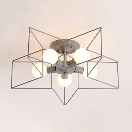 Stylish Grey/Pink Metallic Loft Indoor Semi-Flush Ceiling Light With Star Cage Shade - Set Of 5