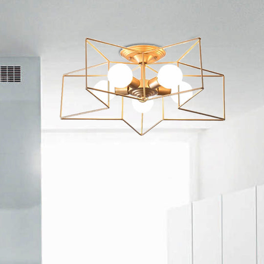 Stylish Grey/Pink Metallic Loft Indoor Semi-Flush Ceiling Light With Star Cage Shade - Set Of 5