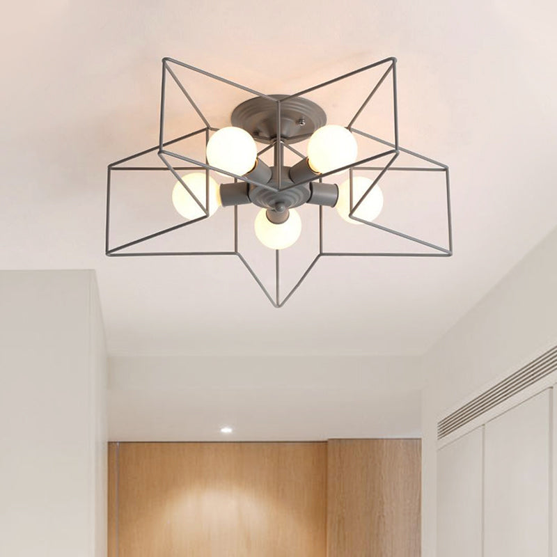 Stylish Grey/Pink Metallic Loft Indoor Semi-Flush Ceiling Light With Star Cage Shade - Set Of 5