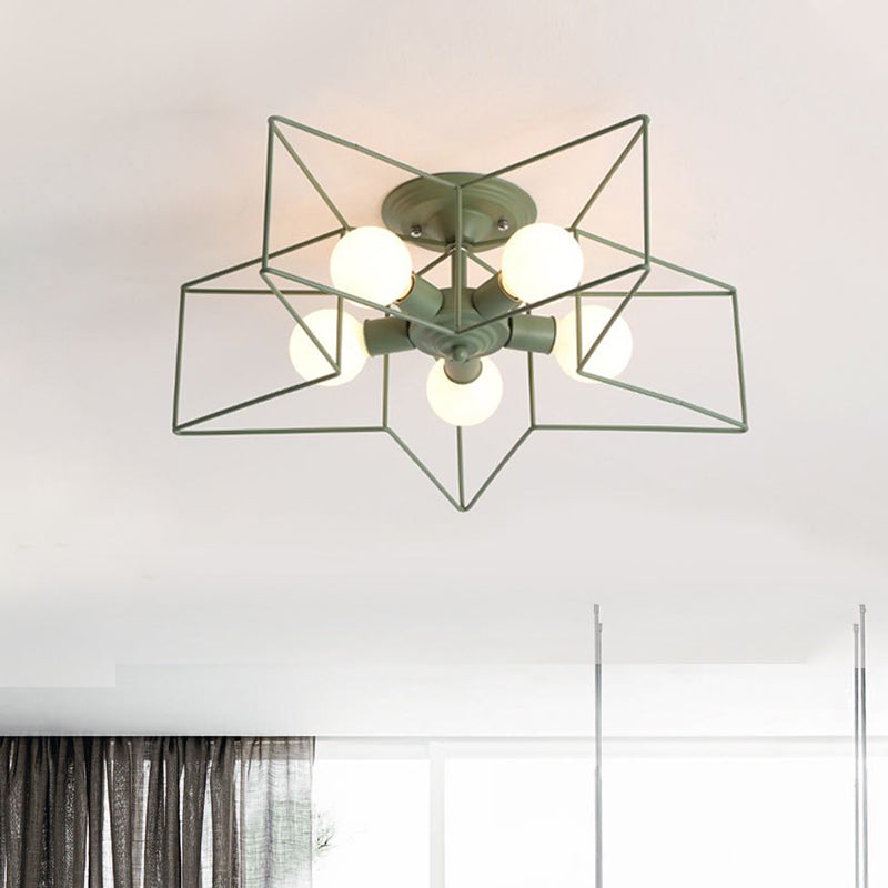 Stylish Grey/Pink Metallic Loft Indoor Semi-Flush Ceiling Light With Star Cage Shade - Set Of 5