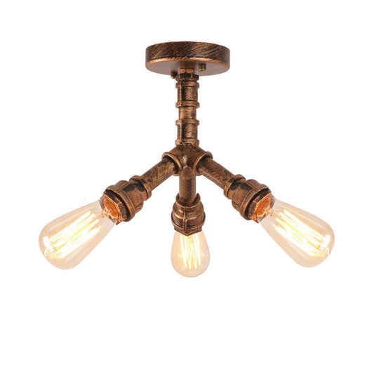 Steampunk 3-Light Semi Flush Ceiling Fixture with Metallic Pipe Shade in Aged Bronze for Living Room