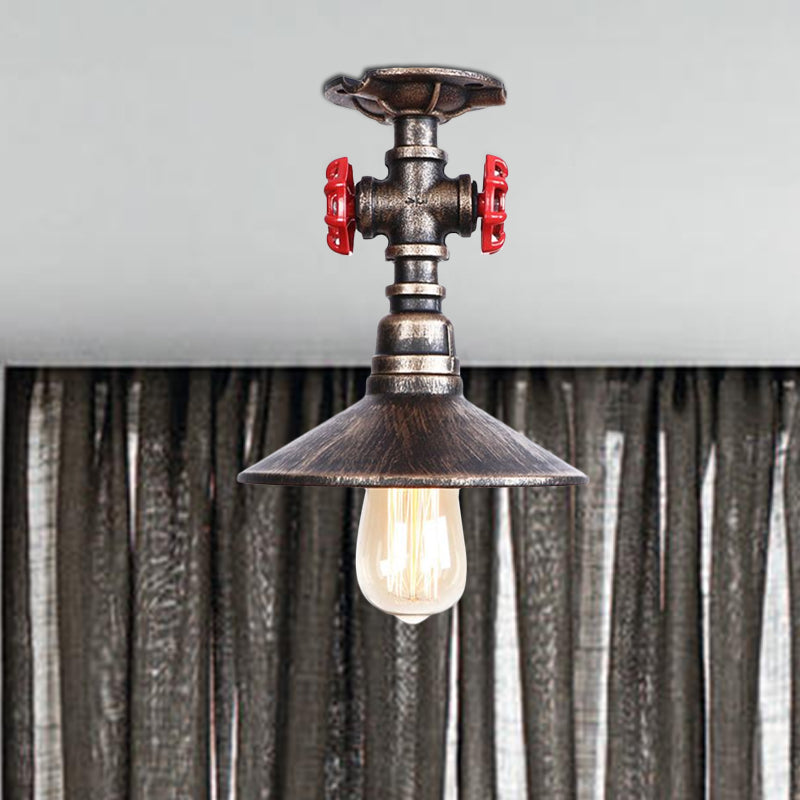 Industrial Cone Semi-Flush Ceiling Light with Red Faucet Valve in Black/Bronze for Bedroom