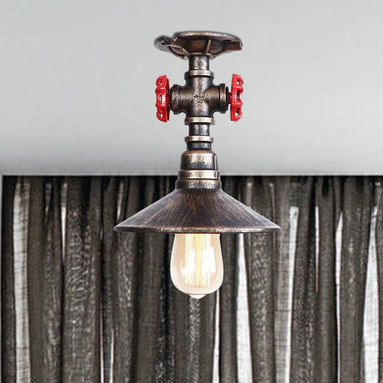 Industrial Cone Semi-Flush Ceiling Light With Red Faucet Valve In Black/Bronze For Bedroom