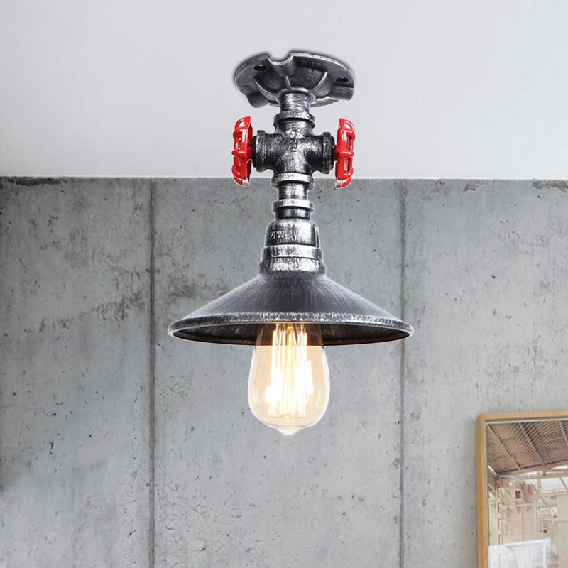 Industrial Cone Semi-Flush Ceiling Light with Red Faucet Valve in Black/Bronze for Bedroom