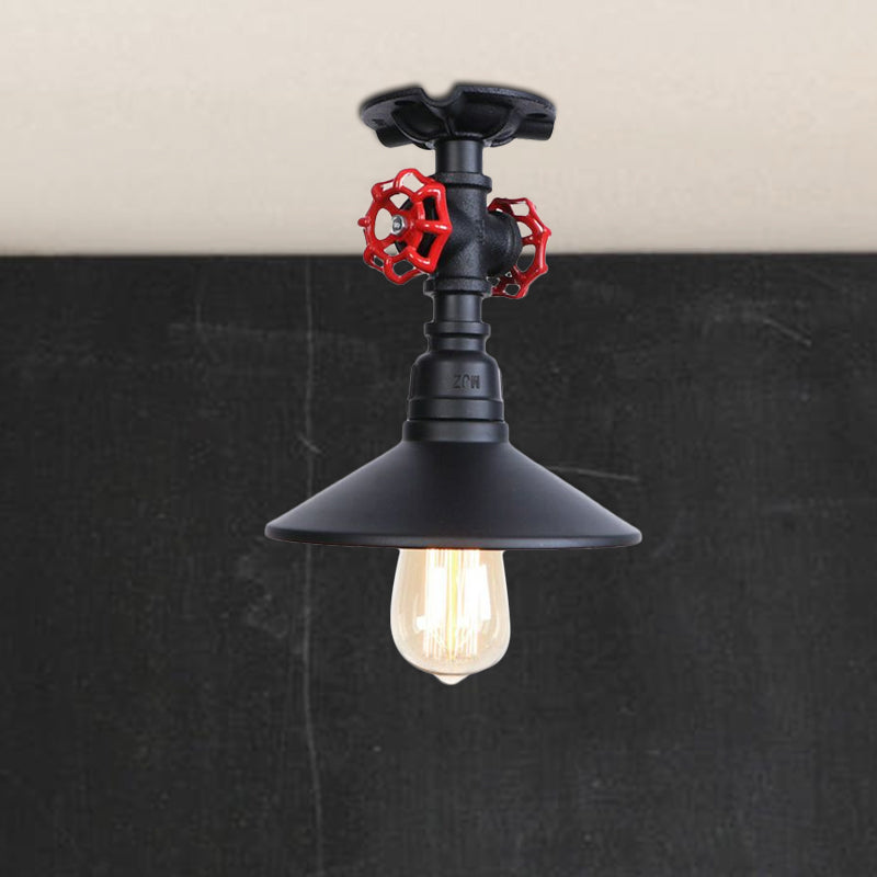 Industrial Cone Semi-Flush Ceiling Light with Red Faucet Valve in Black/Bronze for Bedroom