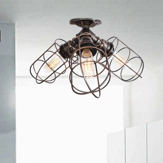 Semi Flush Farmhouse Pendant Light – Rustic Wrought Iron with Wire Frame – 3 Lights, Bronze/Aged Silver