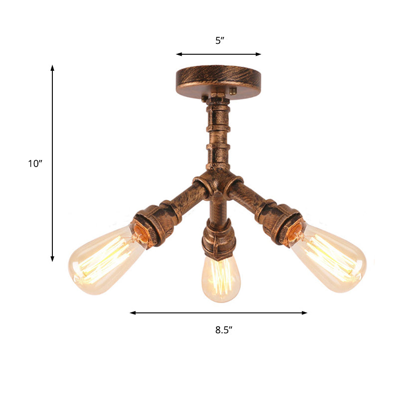 Steampunk 3-Light Semi Flush Ceiling Fixture with Metallic Pipe Shade in Aged Bronze for Living Room