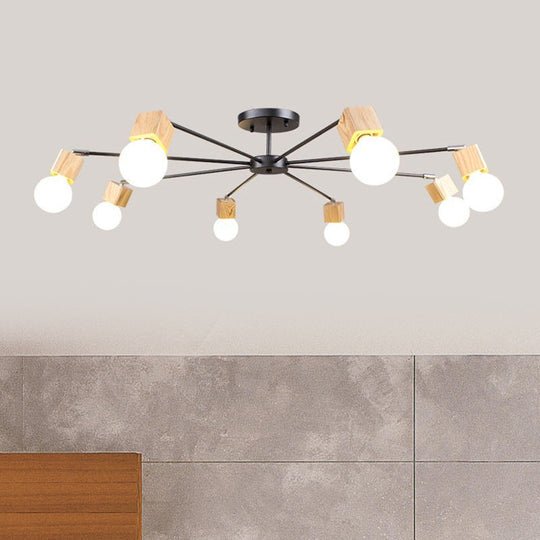 Semi Flush Industrial Ceiling Lamp with Wood Accents - 3/5-Light Metal Open Bulb Fixture for Bedroom