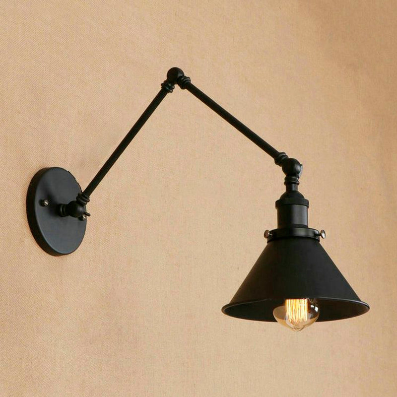 Retro Style Swing Arm Wall Lamp: 1-Head Sconce With Conic Shade Metal Indoor - Black