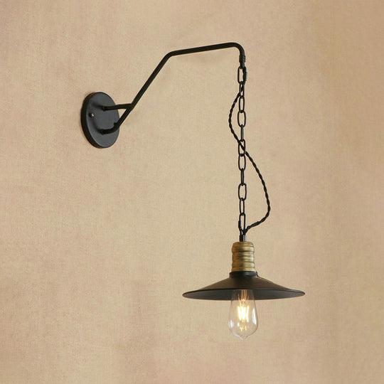 Vintage Style Black Metal Wall Hanging Sconce With Flat Shade Chain And 1 Bulb - Perfect Living Room