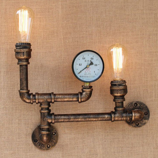 Vintage Antique Brass Iron Wall Mount Lamp With Exposed Bulb And Pressure Gauge - 2 Lights