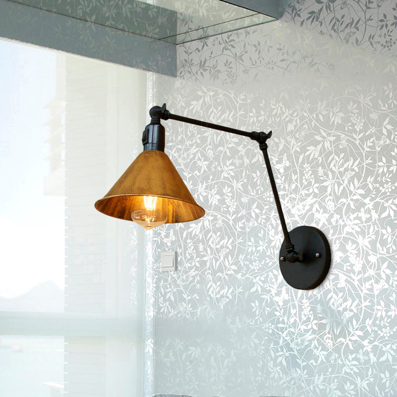 Vintage Style Swing Arm Bedroom Sconce Light With Metallic Cone Shade - Aged Brass Wall Lamp