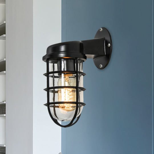 Clear Glass Caged Sconce Light - Black/White/Rust 1-Light Traditional Wall Lamp For Porch