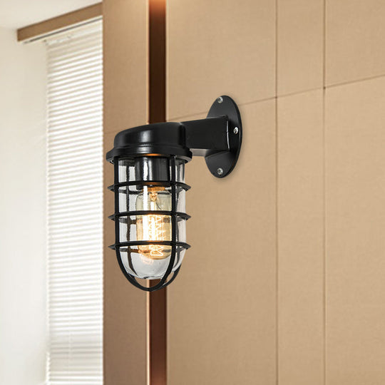 Clear Glass Caged Sconce Light - Black/White/Rust 1-Light Traditional Wall Lamp For Porch