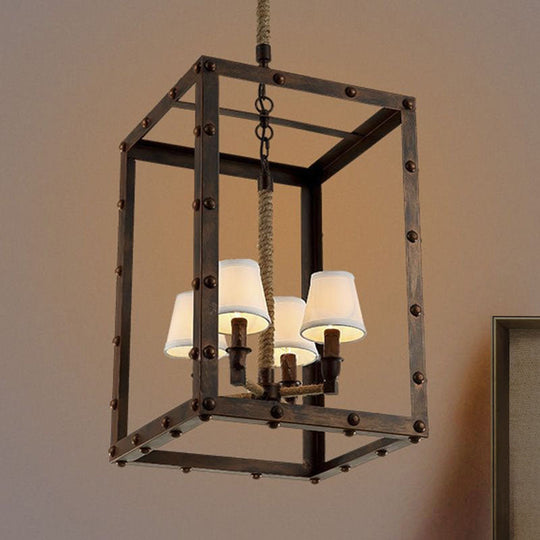 Iron Cage Pendant Lights Antique Chandelier Lamp For Living Room With Fabric Cone Shade In Rust -