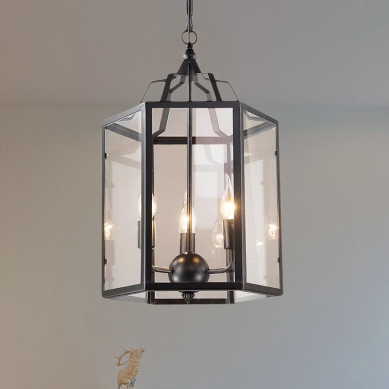 Vintage Black and White Hanging Chandelier - 3-Light Clear Glass Candle Pendant Fixture