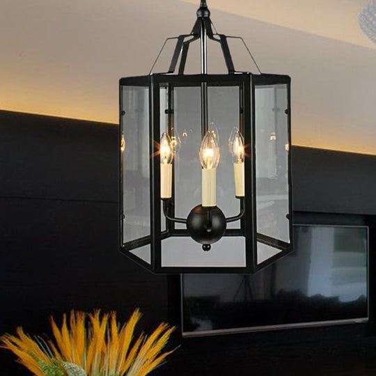 Vintage Black and White Hanging Chandelier - 3-Light Clear Glass Candle Pendant Fixture