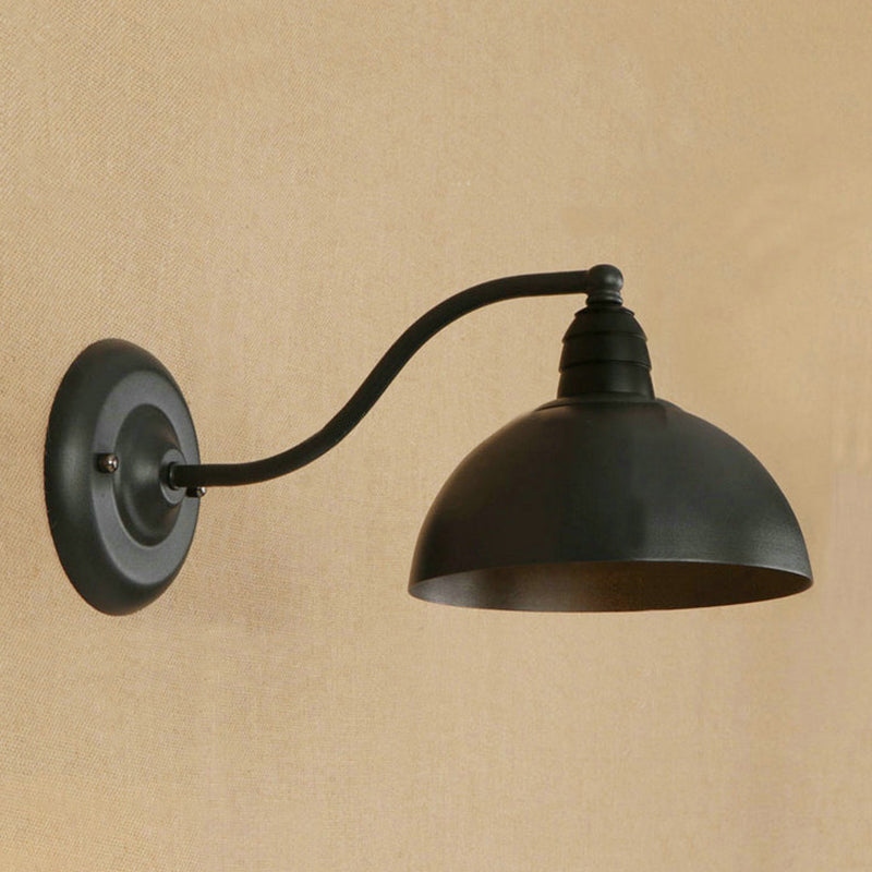 Black Retro Wall Sconce With Domed Metallic Shade And Curved Arm