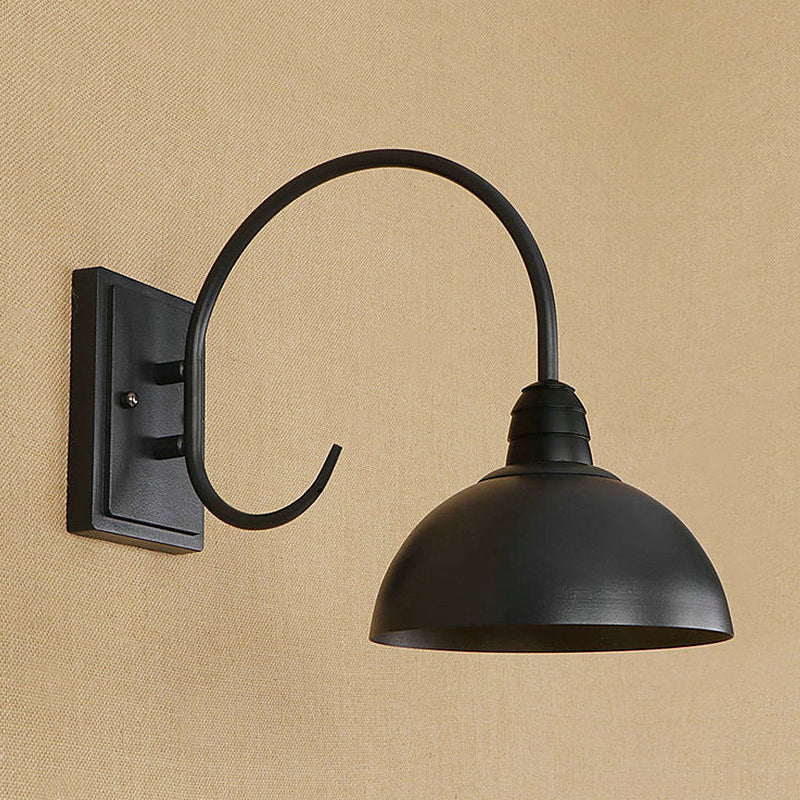 Black Retro Wall Sconce With Domed Metallic Shade And Curved Arm