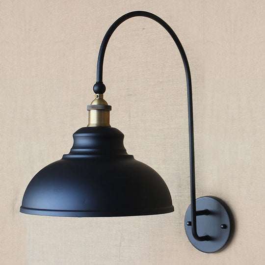 Black Industrial Style Wall Sconce With Bowl Shade & Arched Arm - Bedside Lighting Solution