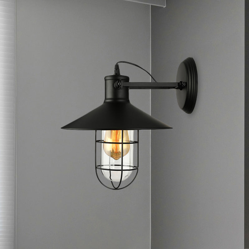 Traditional Black/Rust Caged Wall Sconce Light With Clear Glass - Ideal Coffee Shop Lighting