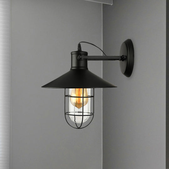 Traditional Black/Rust Caged Wall Sconce Light With Clear Glass - Ideal Coffee Shop Lighting