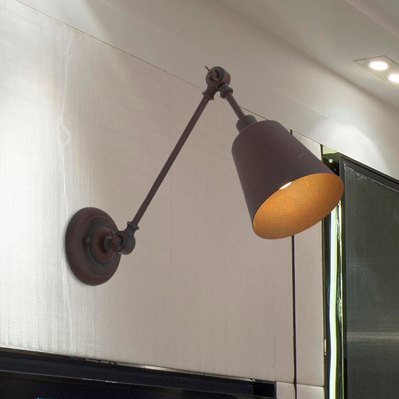 Contemporary Metallic Wall Mount Light: Adjustable Arm Black/Rust Tapered Bedroom Sconce