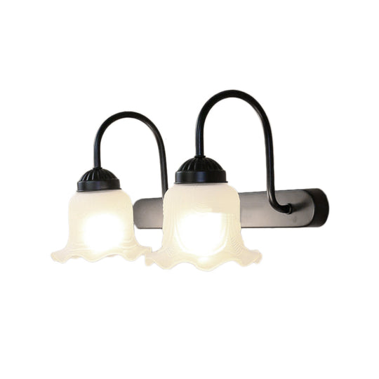 Scalloped Industrial Wall Sconce Light: White Glass & Black Finish 2-Light Fixture For Living Room