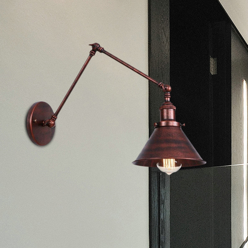 Industrial Swing Arm Wall Sconce - Conic Study Room Lamp (1 Bulb) Black/Brass Metallic Finish