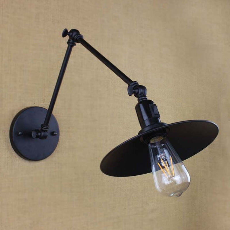 Swing Arm Metal Wall Sconce With Saucer Shade - Black/White 1 Light Fixture For Living Room