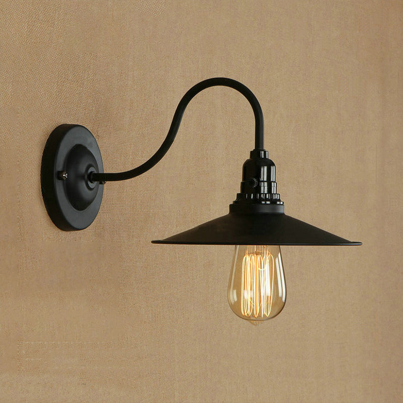 Vintage Style Metal Gooseneck Wall Sconce With Flared Shade - Black