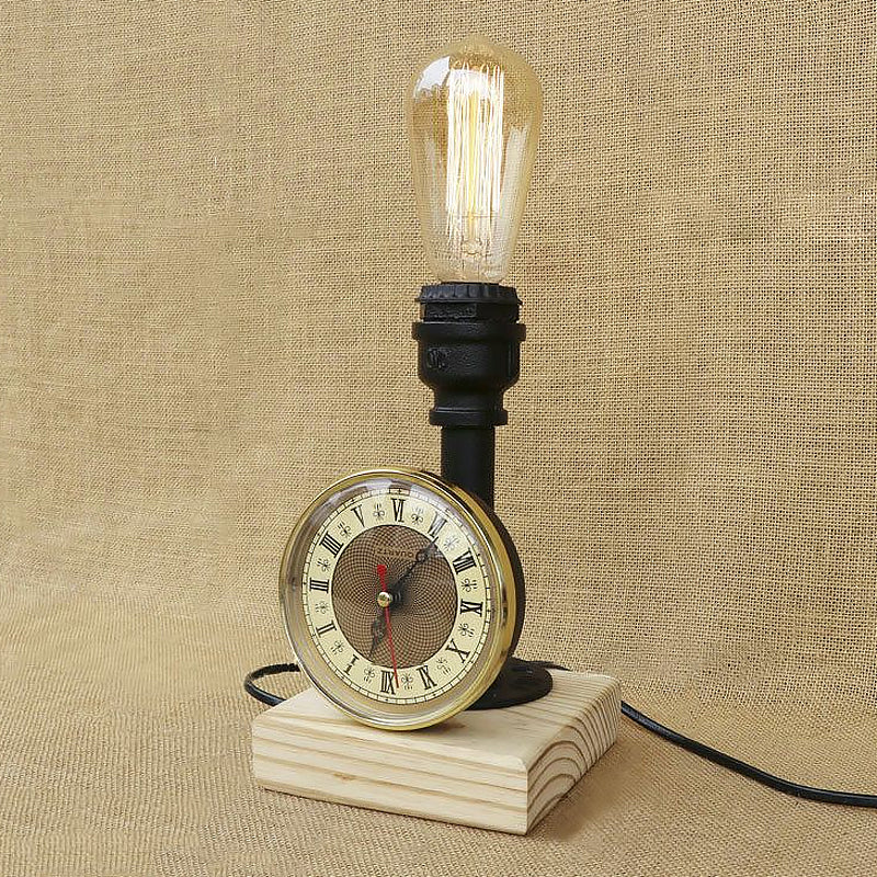 Industrial Metal Table Lamp With Clock And Wood Base - Black Finish