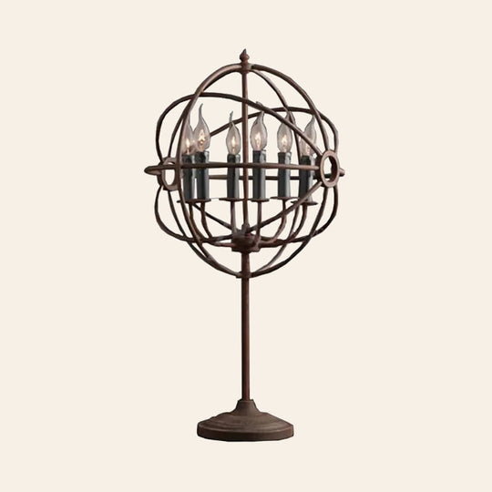 Antique Stylish Orbit Design Table Lamp With Multi-Light Candle Effect In Rustic Wrought Iron