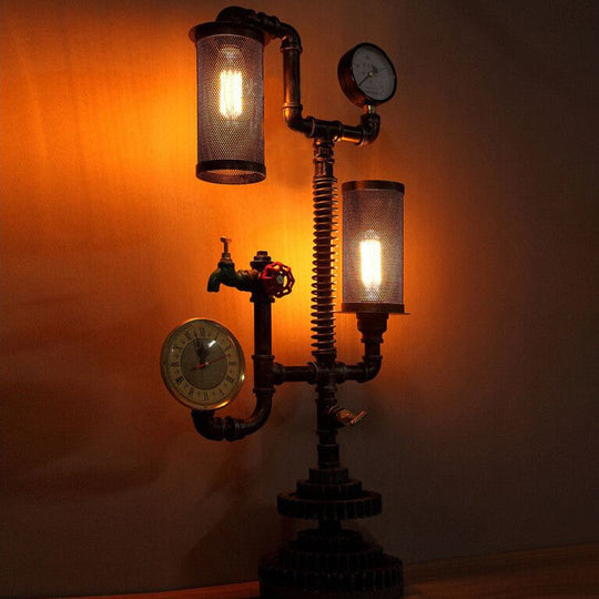 Steampunk Table Lamp With Cylindrical Mesh Shade - Industrial Style Aged Silver Finish 2 Lights