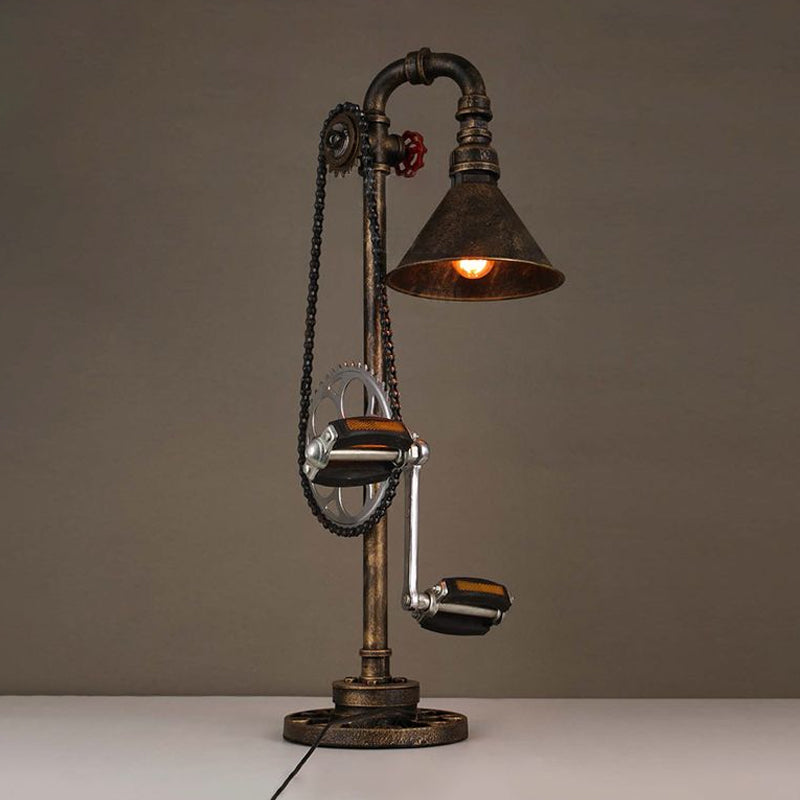 Industrial Cone Table Lamp With Bicycle-Inspired Design In Aged Brass