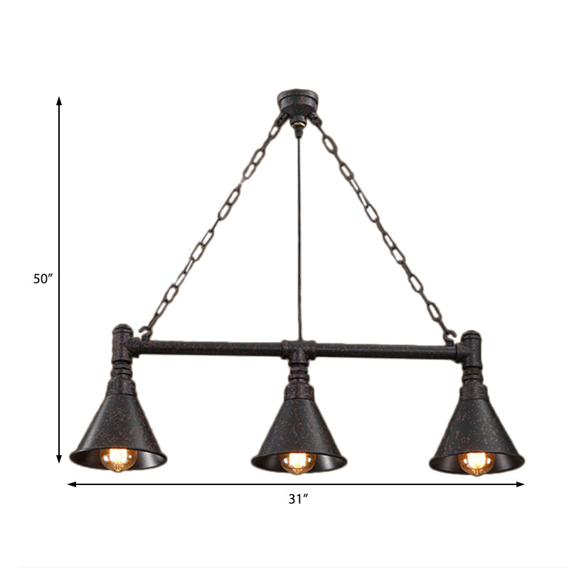 Vintage Rustic Conical Island Lighting: Industrial Metal Pendant Light With Pipe Design - 3-Light