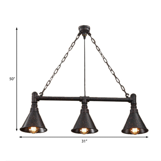 Vintage Rustic Conical Island Lighting: Industrial Metal Pendant Light With Pipe Design - 3-Light