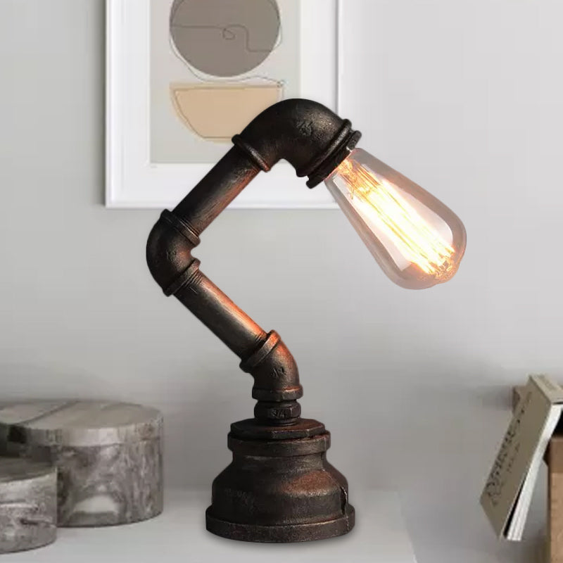 Industrial Water Pipe Table Light With Exposed Bulb - Wrought Iron Mini Standing Lamp In Bronze