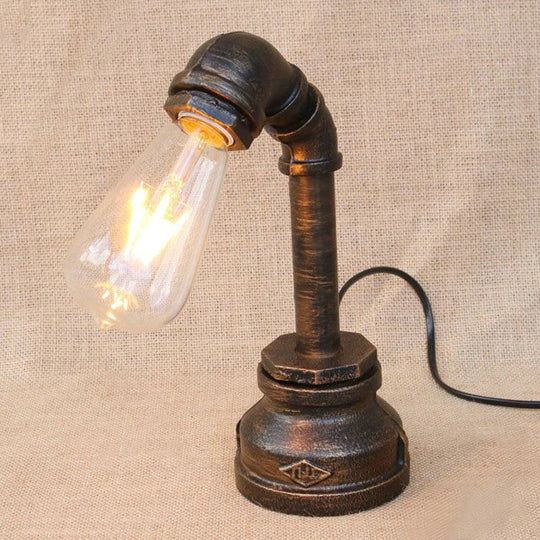 Rustic Iron Table Lamp With Antique Bronze Finish - Exposed Bulb Bedroom Lighting Pipe Design