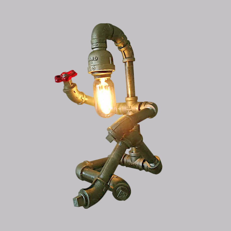 Industrial 1-Light Bedroom Table Lamp With Metallic Plumbing Pipe And Valve In Antique Brass/Bronze