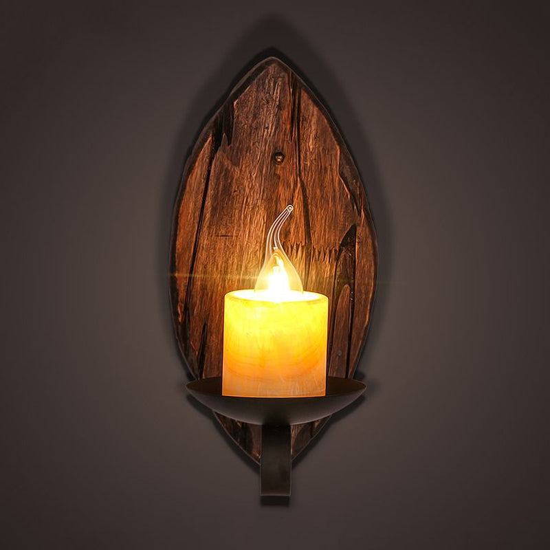 Coastal Marble Cylinder Coffee Shop Wall Light Fixture - 1 Brown Sconce Lamp With Wooden Base