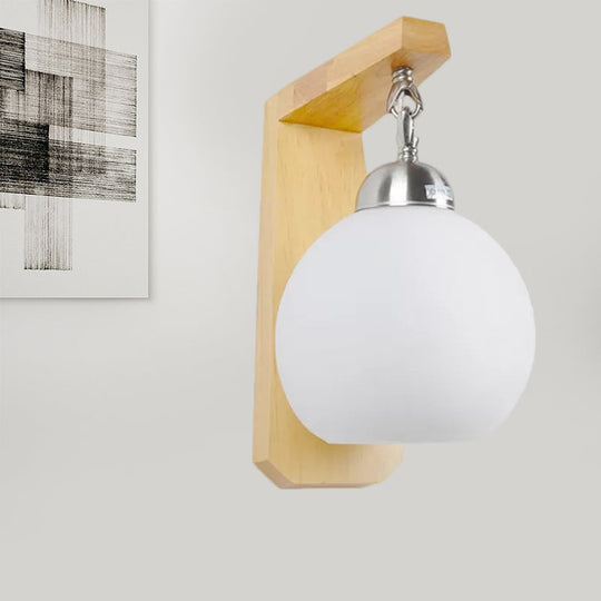 Industrial Wall Sconce With Opal Glass Globe Shade And Wood Backplate - Bedroom Lighting Fixture