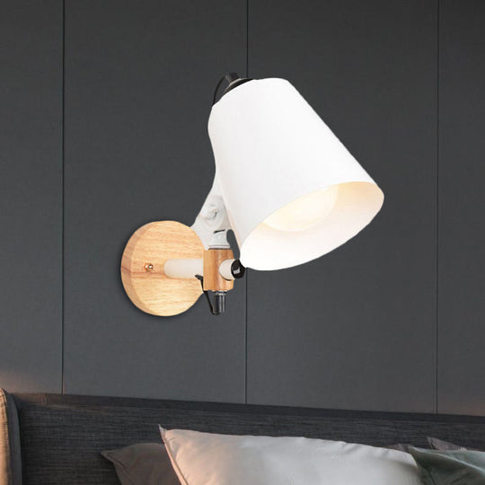 Modern Metal Wall Lamp With Bucket Shade 1 Light Corridor Mount Wooden Backplate Black/White