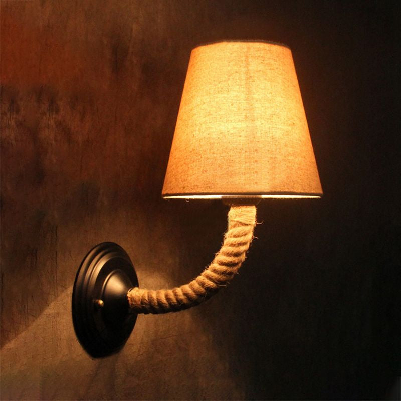 Lodge Style Beige Fabric Wall Sconce With Curved/Angle Arm For Restaurants - 1 Light