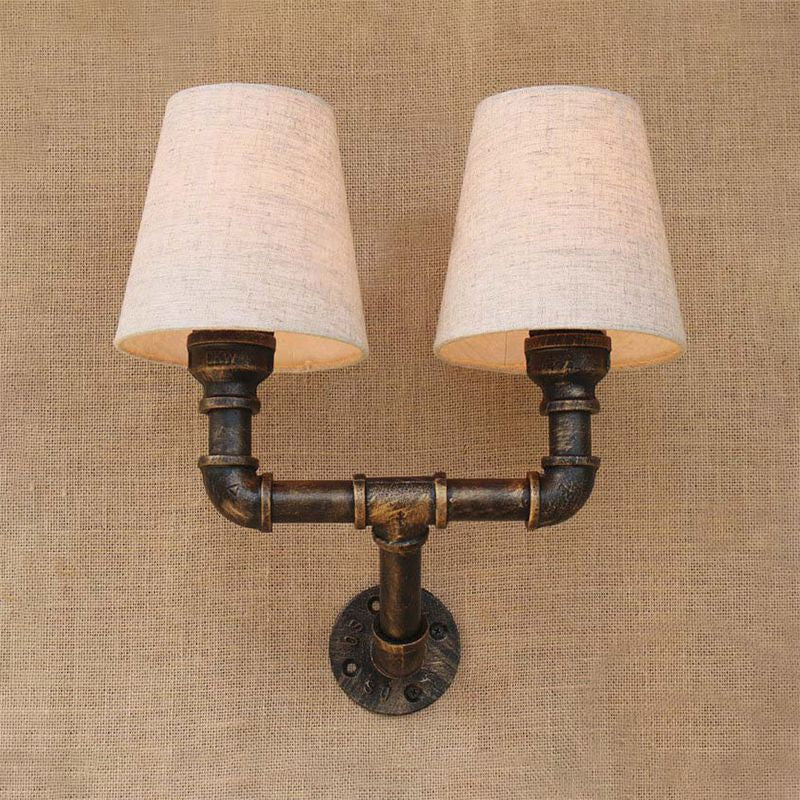 Industrial Fabric Cone Wall Sconce With Pipe Design - 1/2-Bulb Living Room Lighting In Bronze