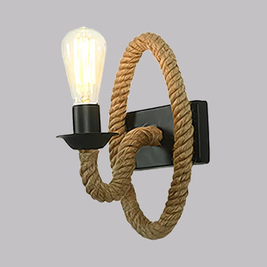 Industrial Black Wall Light With Roped Gooseneck Arm And Circle Mount For Balcony